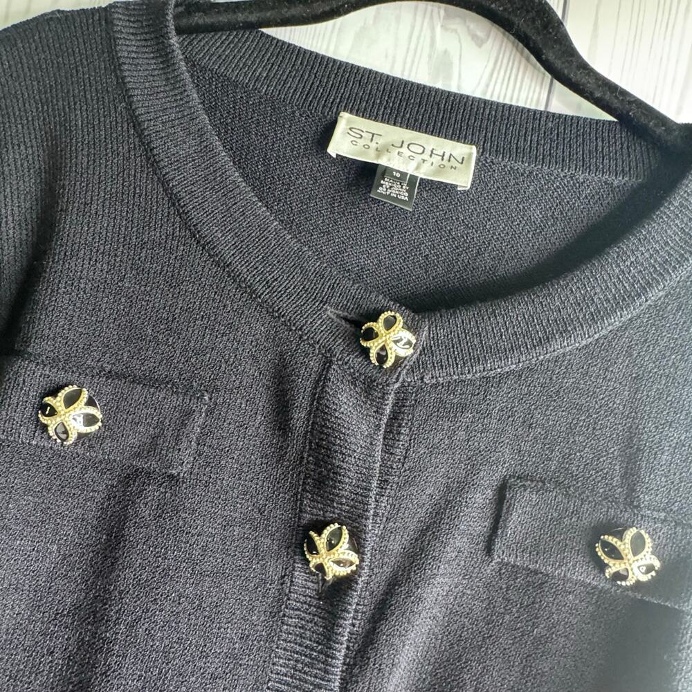 VTG St. John Collection Cardigan Jacket Women Size 10 Black Knit Gold Button